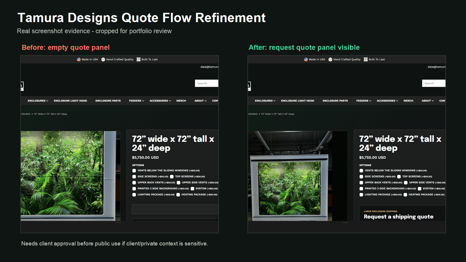 Tamura Designs quote-request experience before and after refinement
